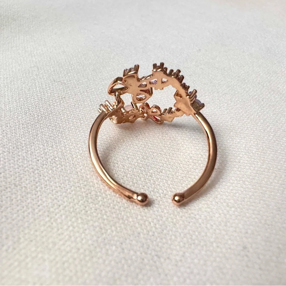 Butterfly & Flower Circle CZ Rose Gold Adjustable Band Ring